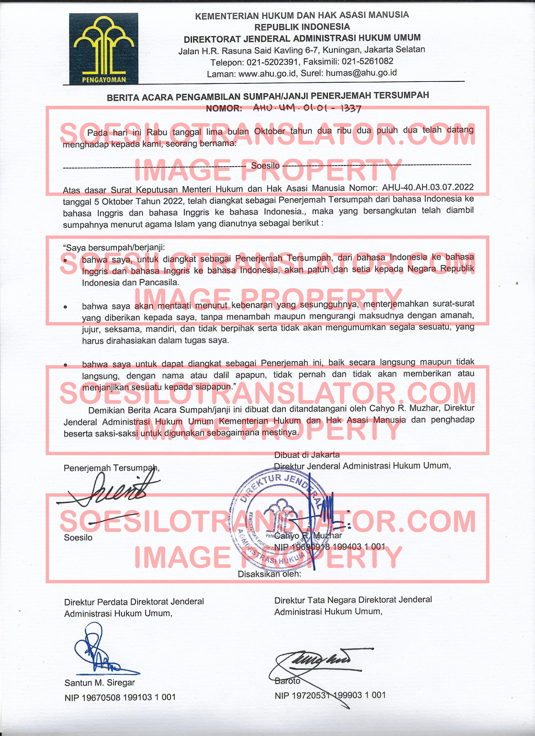 berita acara penerjemah tersumpah - Kementerian Hukum dan Hak Asasi Manusia